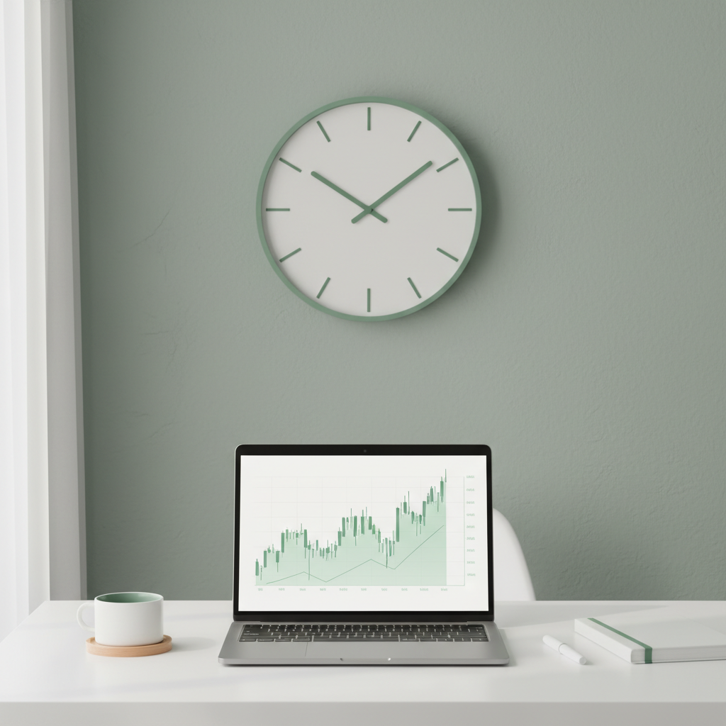 Clock on desk next to laptop showing stock charts