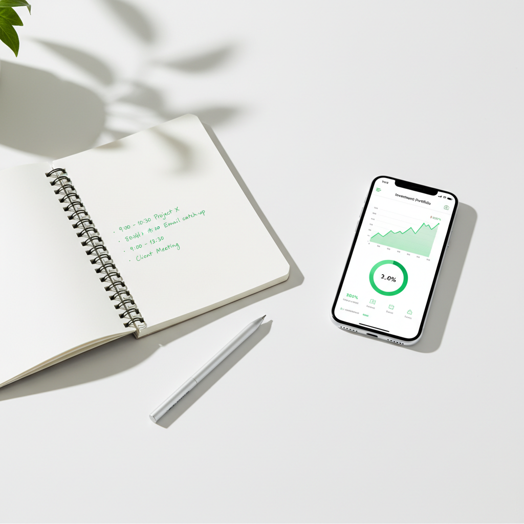 Notebook with time tracking entries next to smartphone with investment app